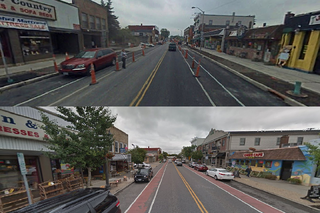 Displays the before and after of the road as a result of the revitalization project