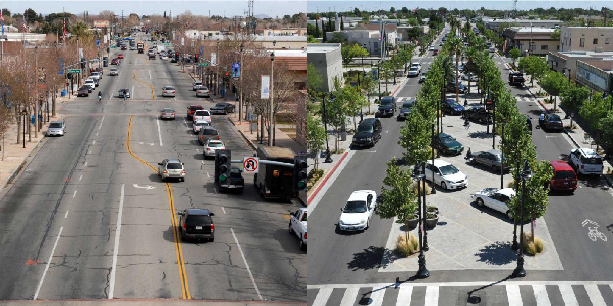 Displays the transformation of Lancaster Boulevard as a result of the road diet